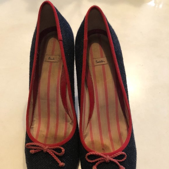 Vintage PAUL SMITH Navy Herringbone Tweed pumps trimmed with Red Grosgrain Trim - Picture 7 of 13